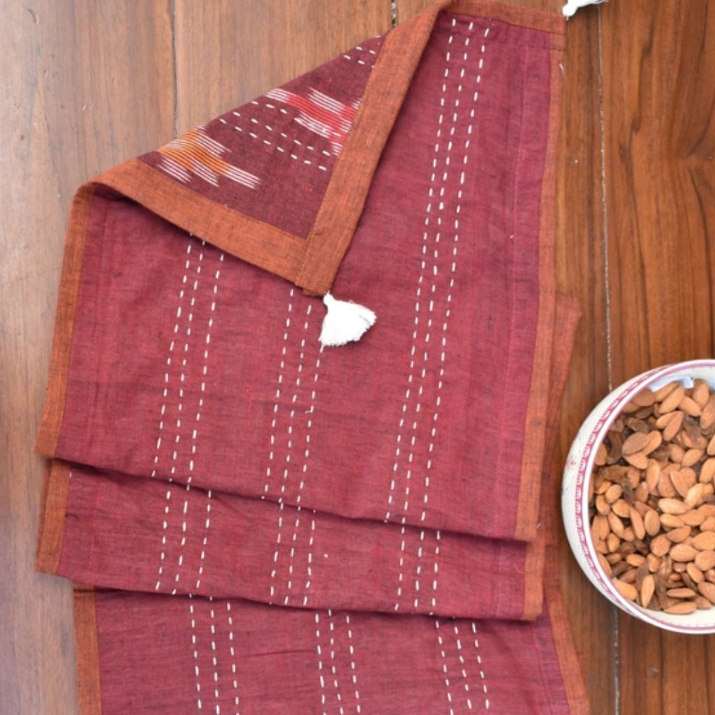 Maroon ikat reversible table runner with kantha embroidery