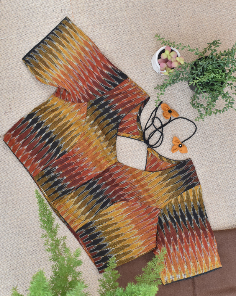 Multicolor Ikat blouse with flower tassels - sleeve
