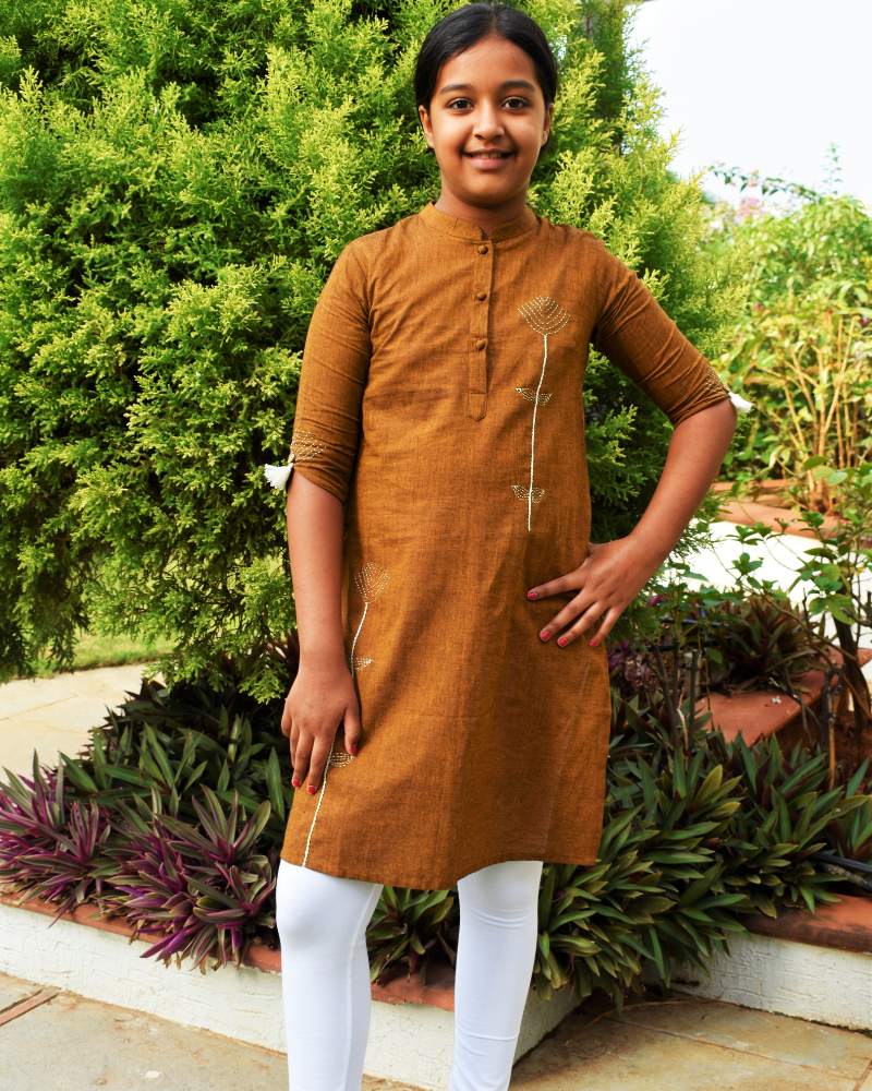 Mustard Mandarin Collar Kurta For Girls