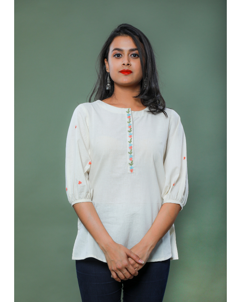 OFFWHITE TUNIC WITH EMBROIDERED PLACKET