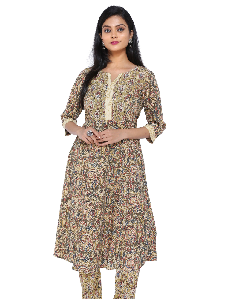 OLIVE GREEN KALAMKARI TASSEL A LINE KURTA WITH NARROW PANTS