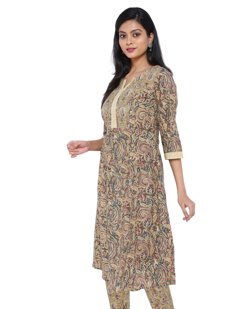 OLIVE GREEN KALAMKARI TASSEL A LINE KURTA WITH NARROW PANTS