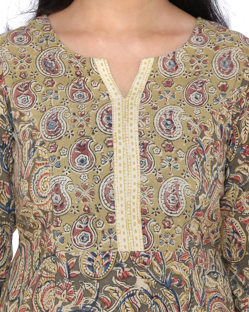 OLIVE GREEN KALAMKARI TASSEL A LINE KURTA WITH NARROW PANTS