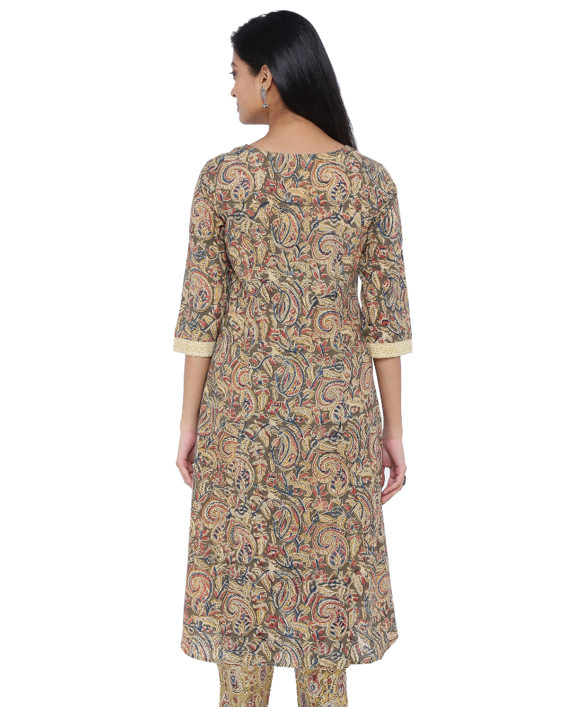 OLIVE GREEN KALAMKARI TASSEL A LINE KURTA WITH NARROW PANTS