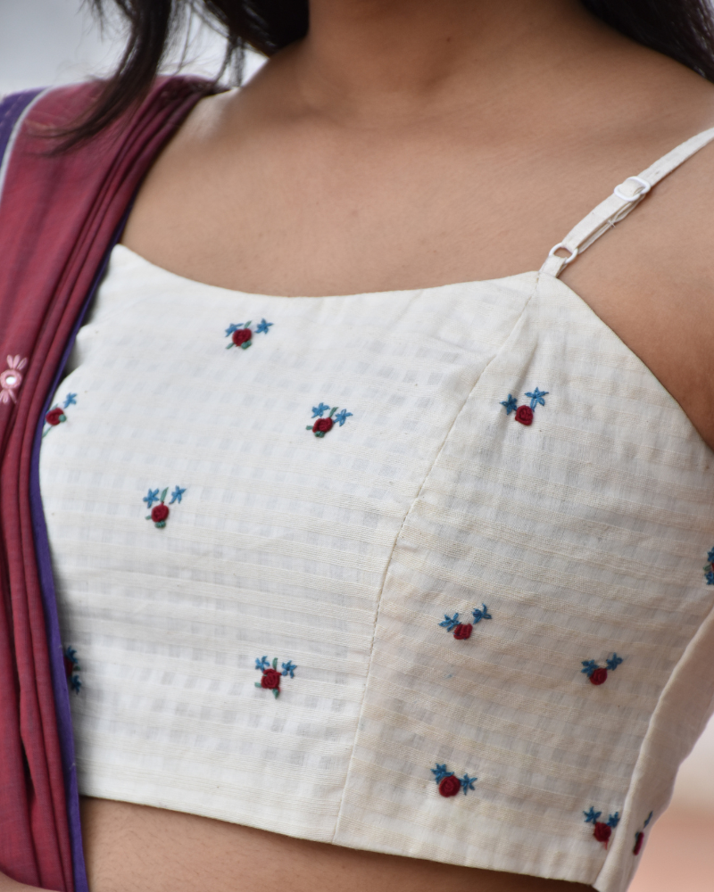 Off-white Strap Blouse with Maroon Rosette Embroidery - front
