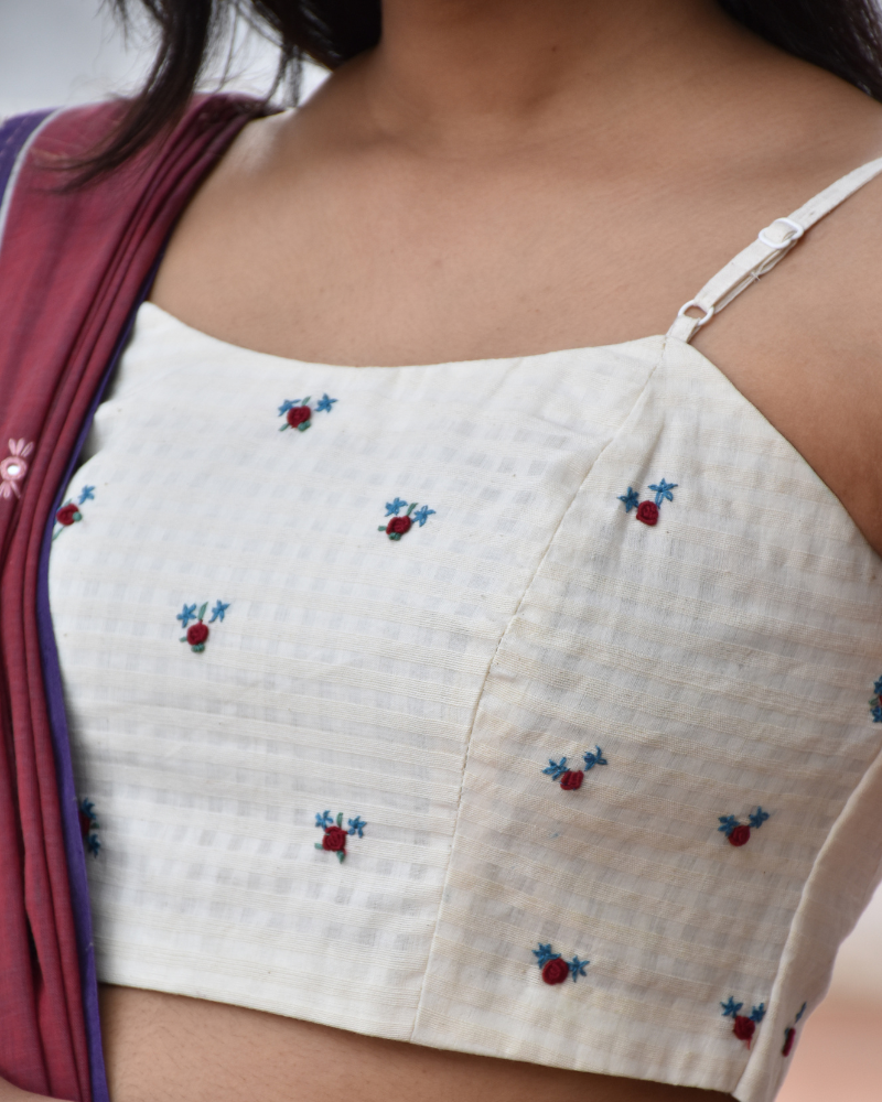 Off-white Strap Blouse with Maroon Rosette Embroidery