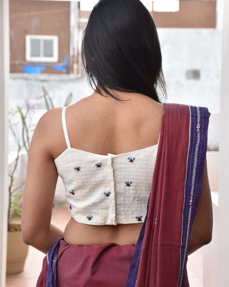 Off-white Strap Blouse with Maroon Rosette Embroidery - back