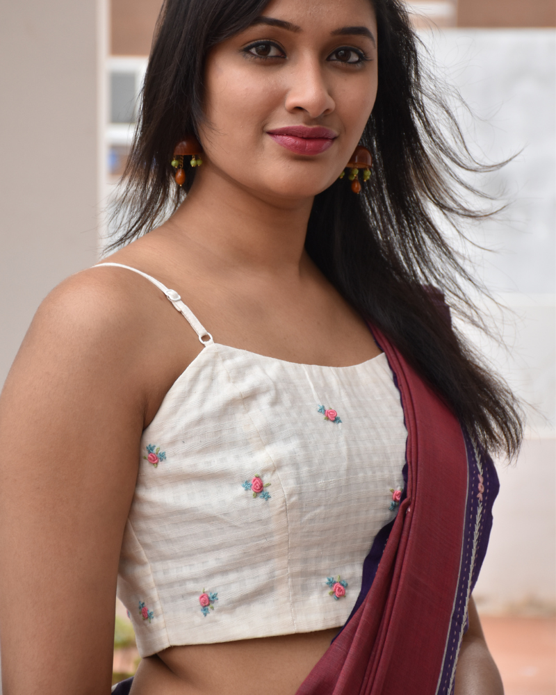 Off white Strap Blouse with Pastel Rosette Embroidery