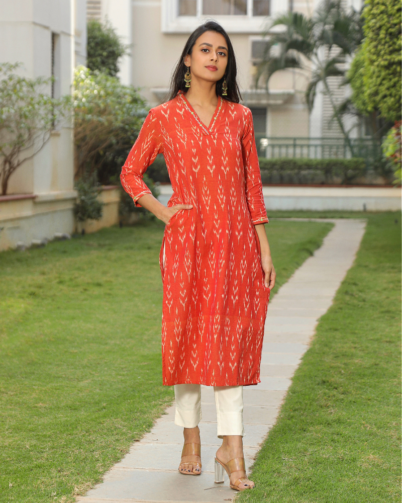 Orange ikat overlapped V Collar kurta front view