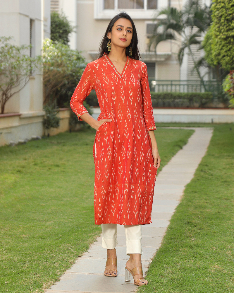 Orange ikat overlapped V Collar kurta