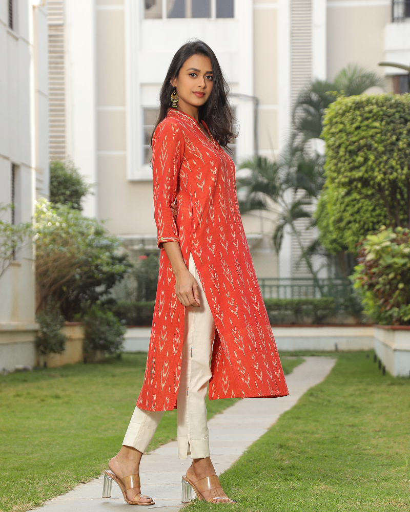 Orange ikat overlapped V Collar kurta side view