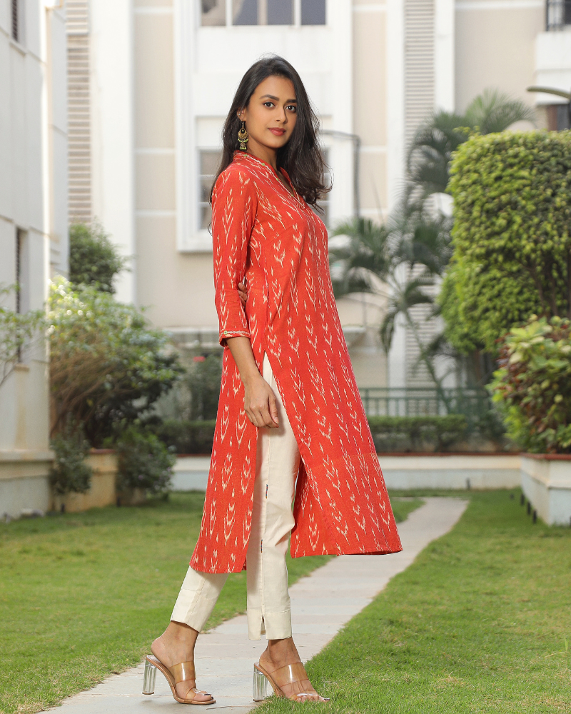 Orange ikat overlapped V Collar kurta