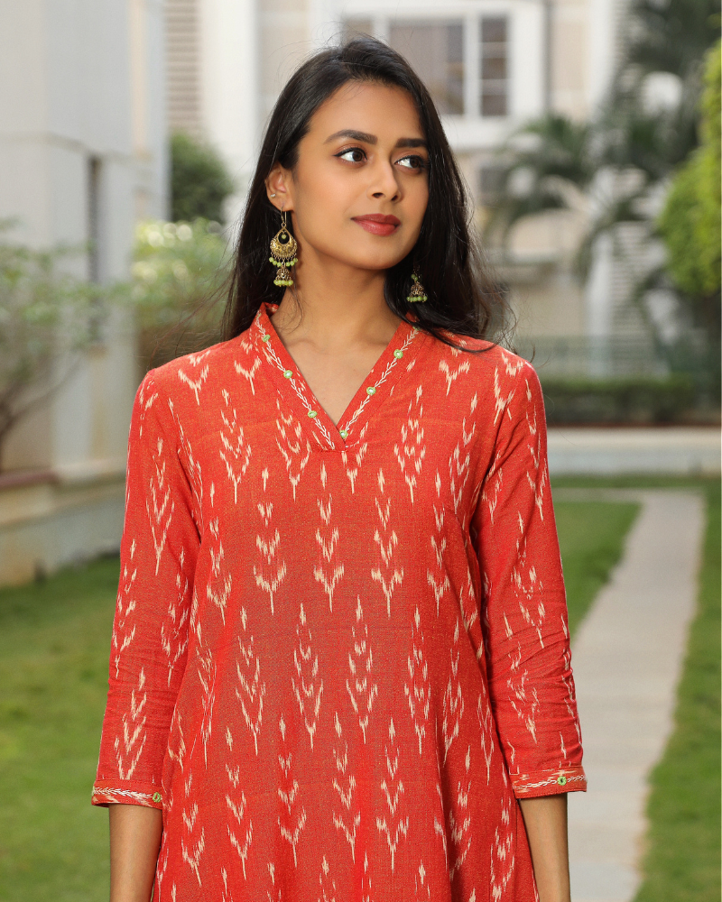 Orange ikat overlapped V Collar kurta neck view