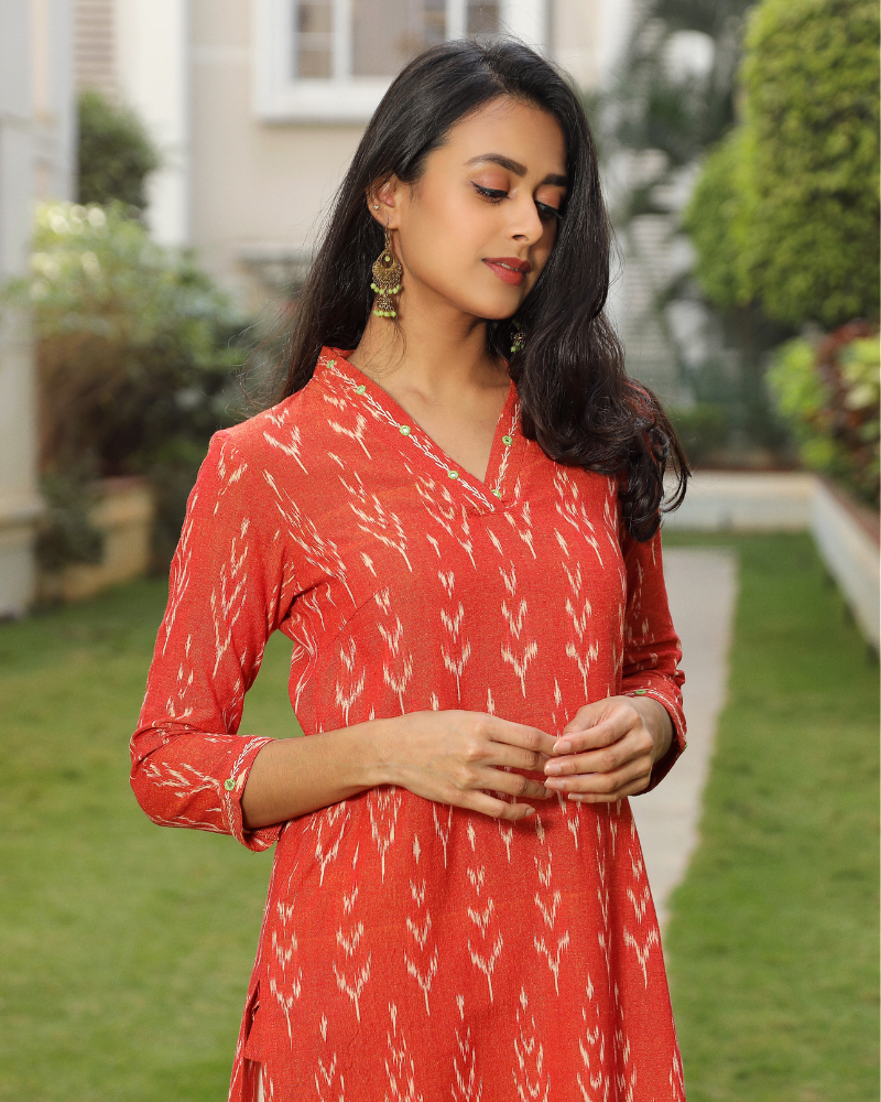 Orange ikat overlapped V Collar kurta sleeve view