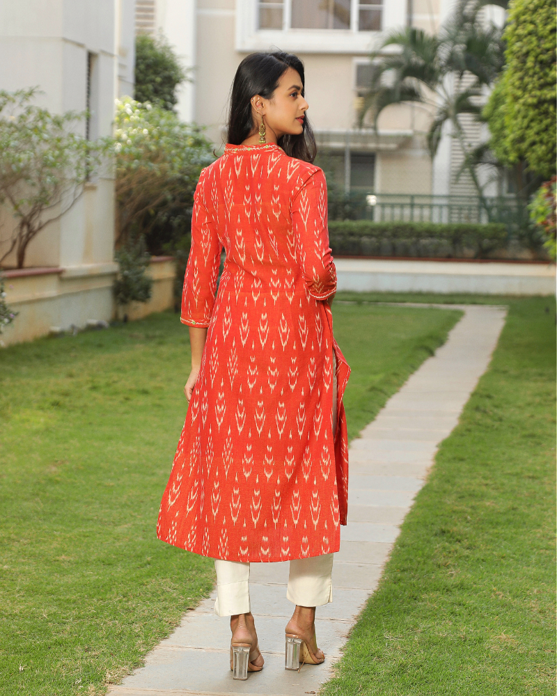 Orange ikat overlapped V Collar kurta back view