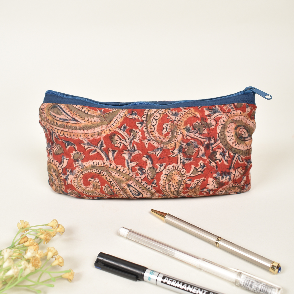 Red kalamkari cotton quilted pouch - front