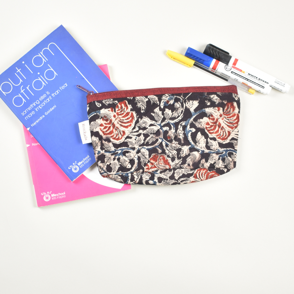 Black kalamkari quilted pouch - front