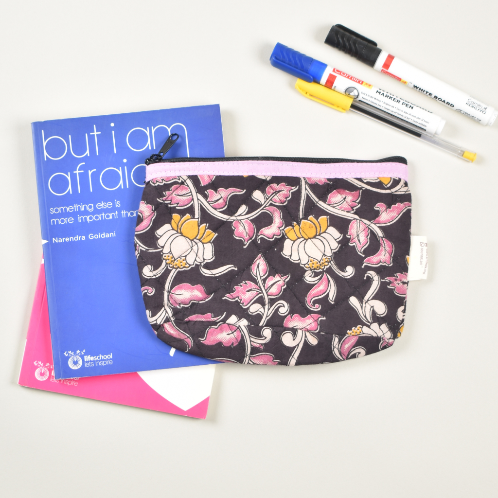 Pink kalamkari quilted pouch - front