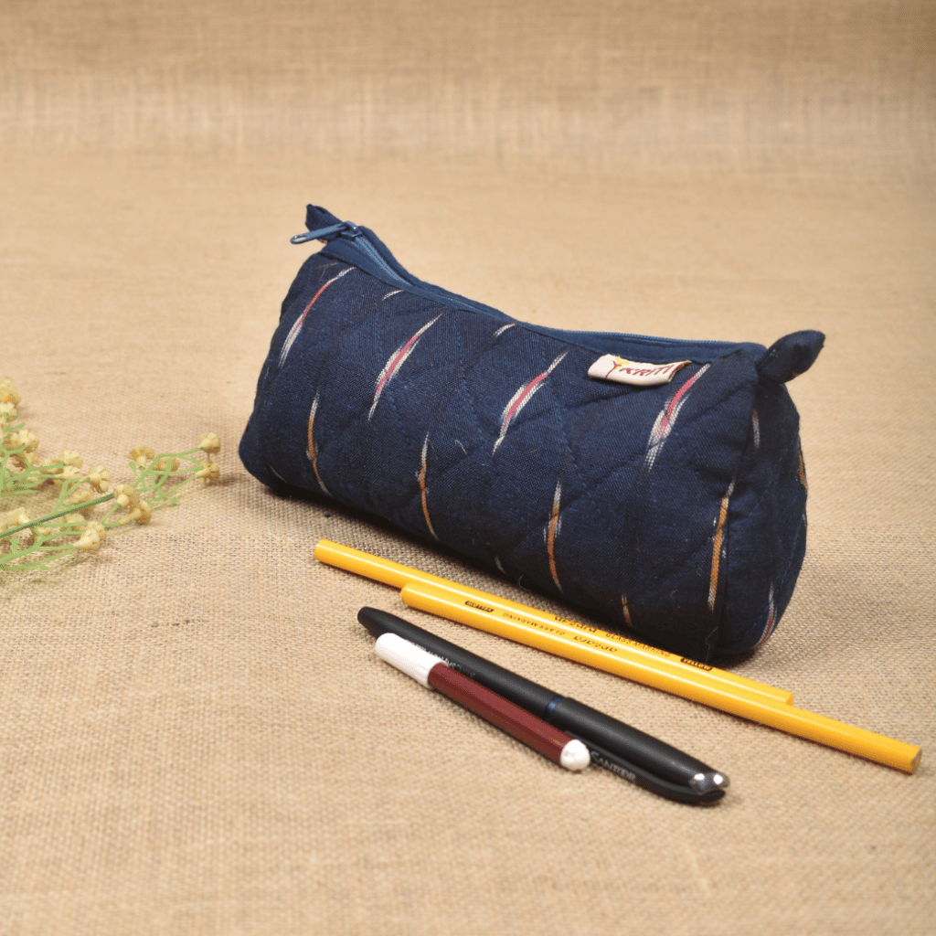 Blue Ikat round quilted case - side