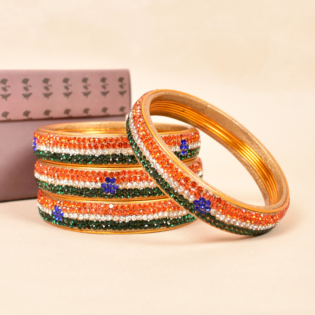 pair of Indian flag coloured stoned lac bangles - glittery stones