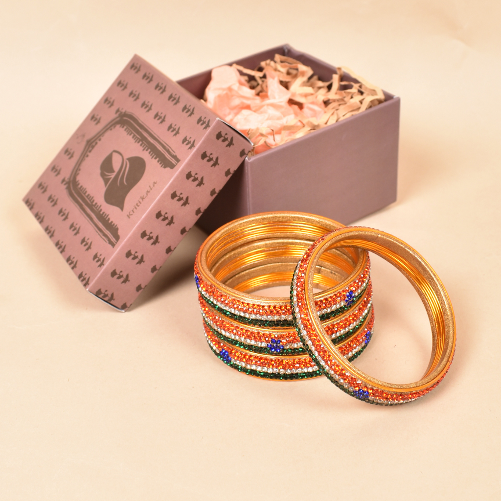pair of Indian flag coloured stoned lac bangles - gold lac