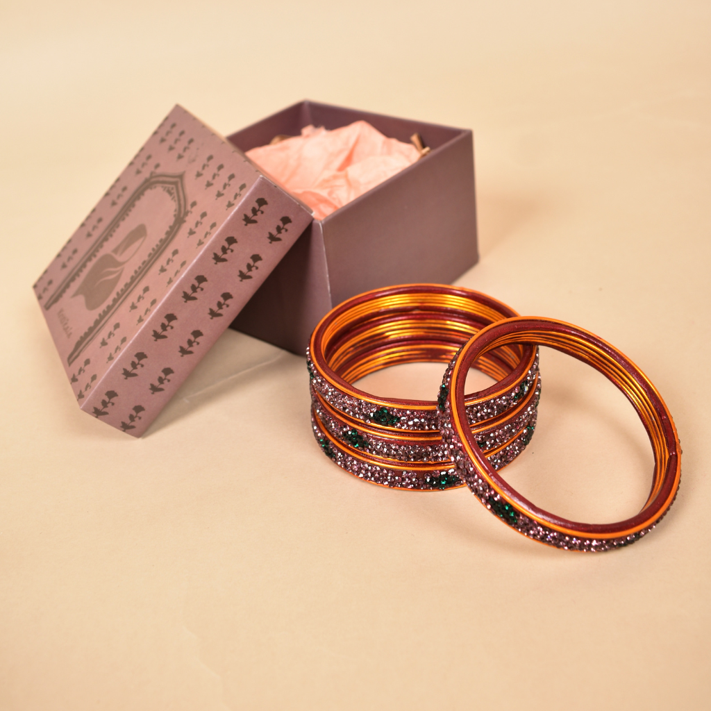 Pair lo pink & green 3 line stoned lac bangles - glittery stones