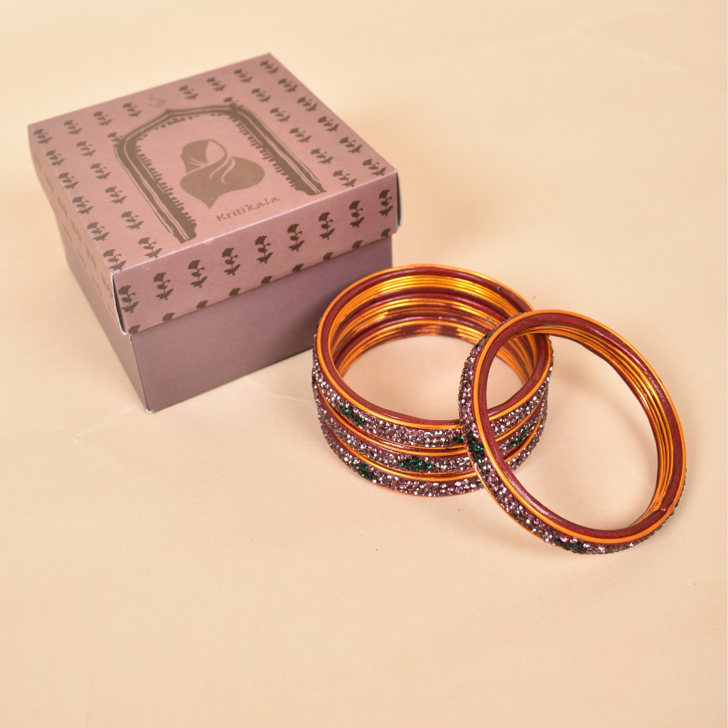 Pair lo pink & green 3 line stoned lac bangles - lac