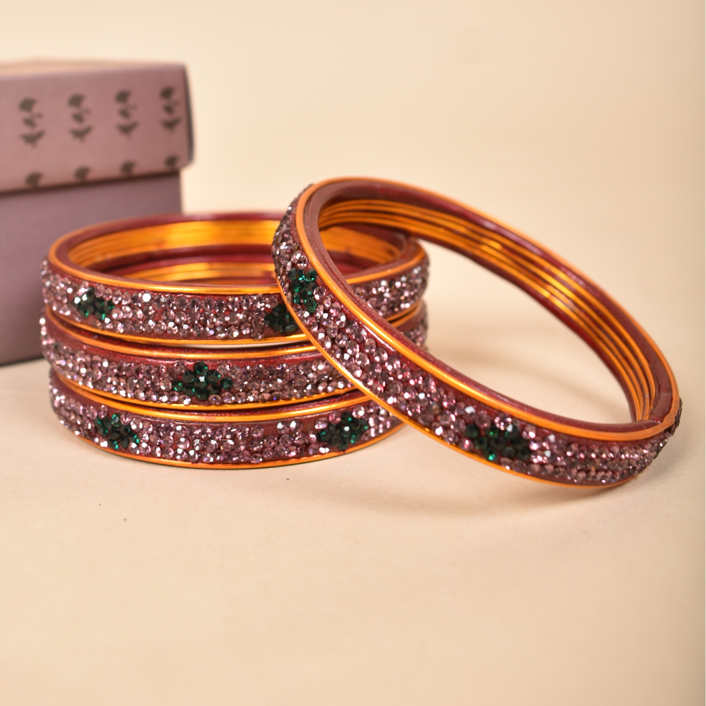 Pair lo pink & green 3 line stoned lac bangles