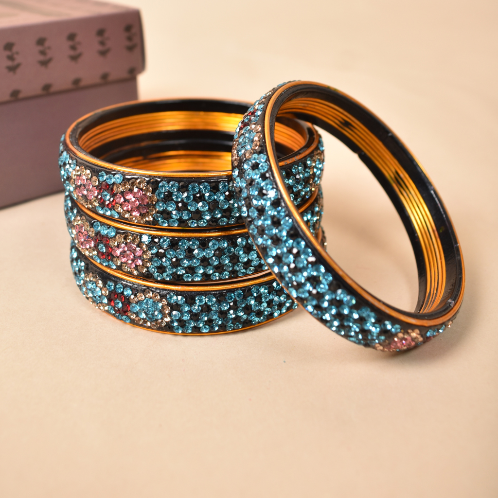 Blue & Black 5 line stoned lac bangles - glittery stones