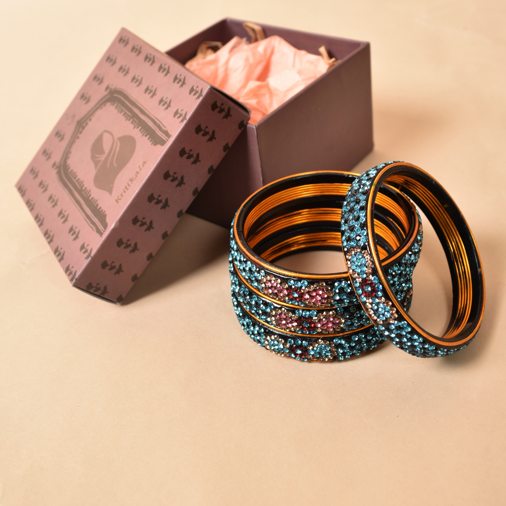 Blue & Black 5 line stoned lac bangles - lac