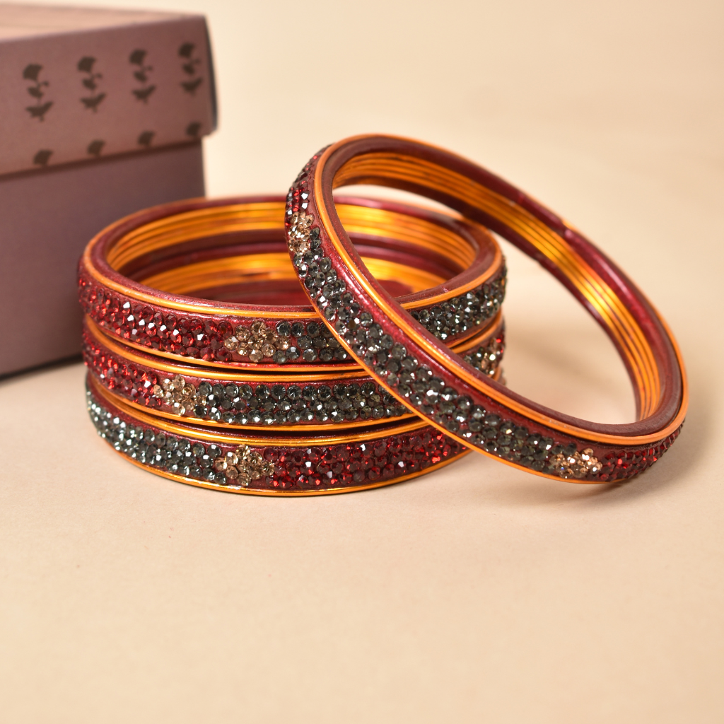 Lac bangles in red and black stones for women