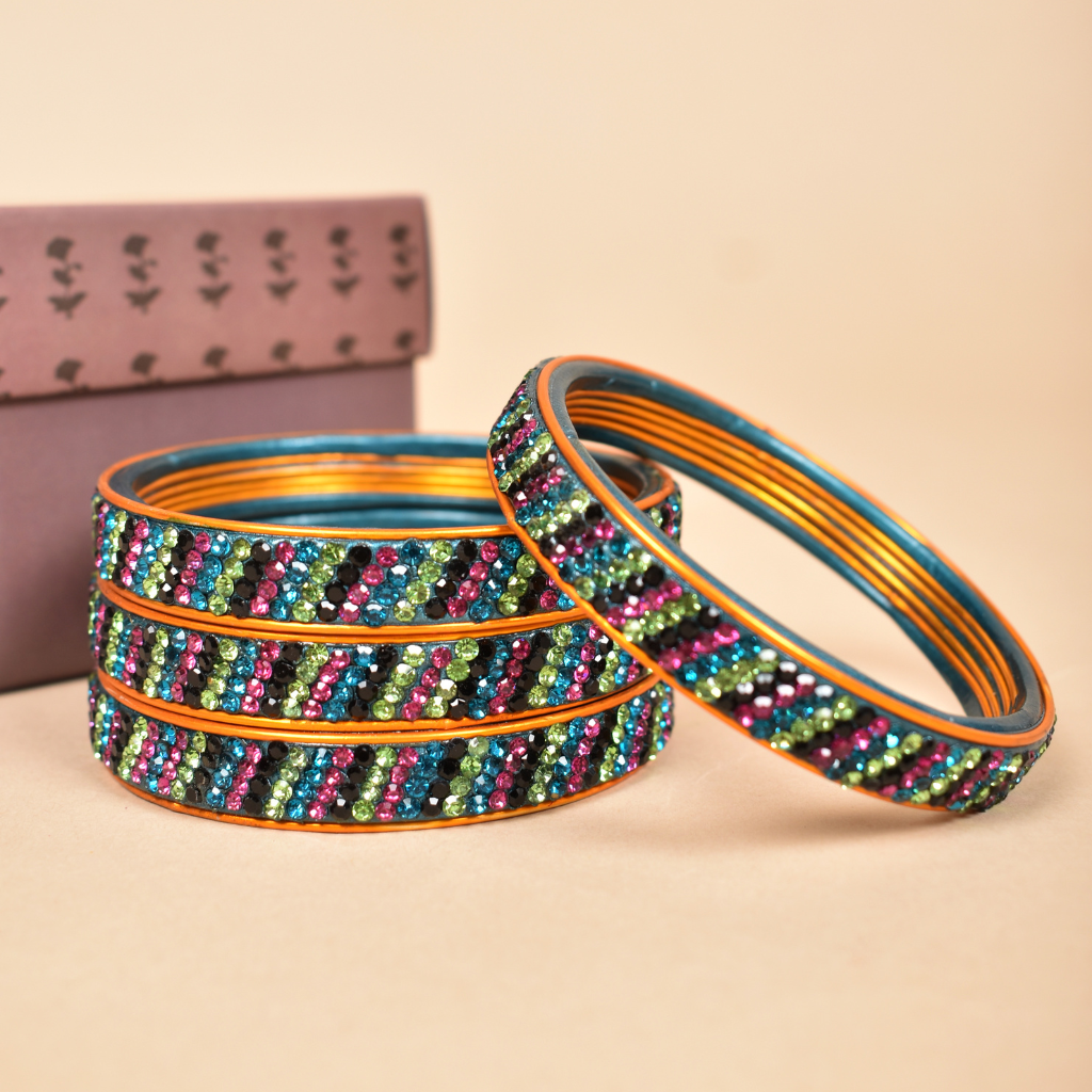 Pair of lac bangles with multicolour stones