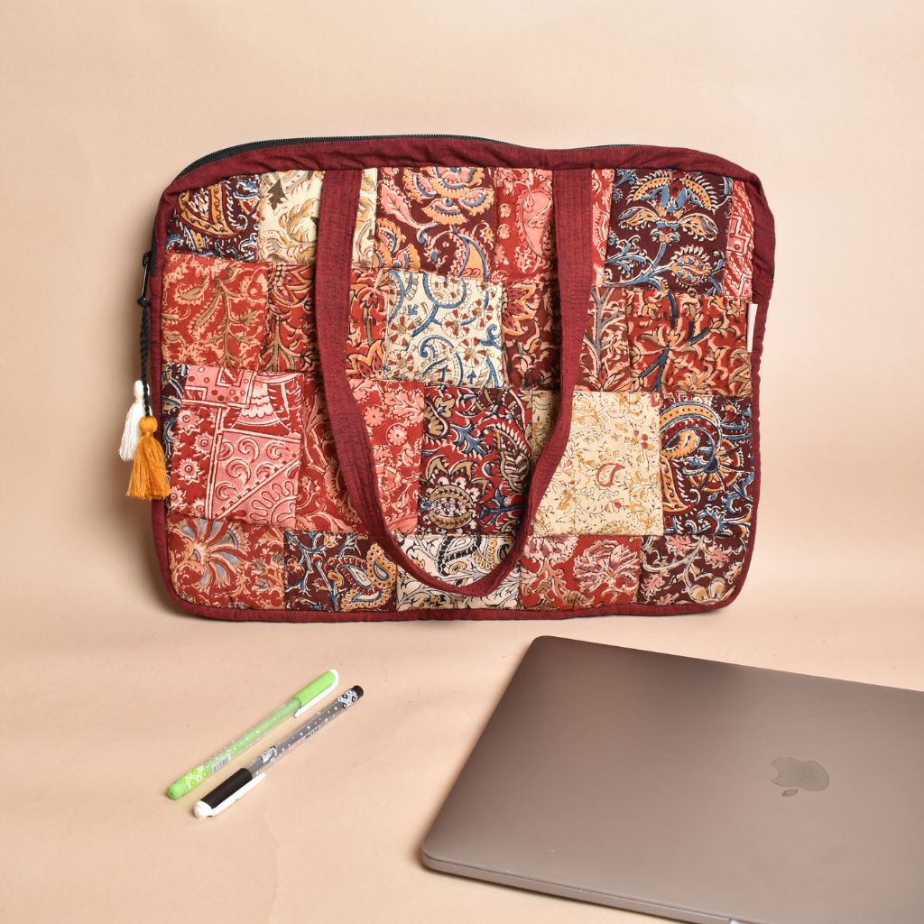 Maroon cotton laptop bag with short handles and quilted design - back