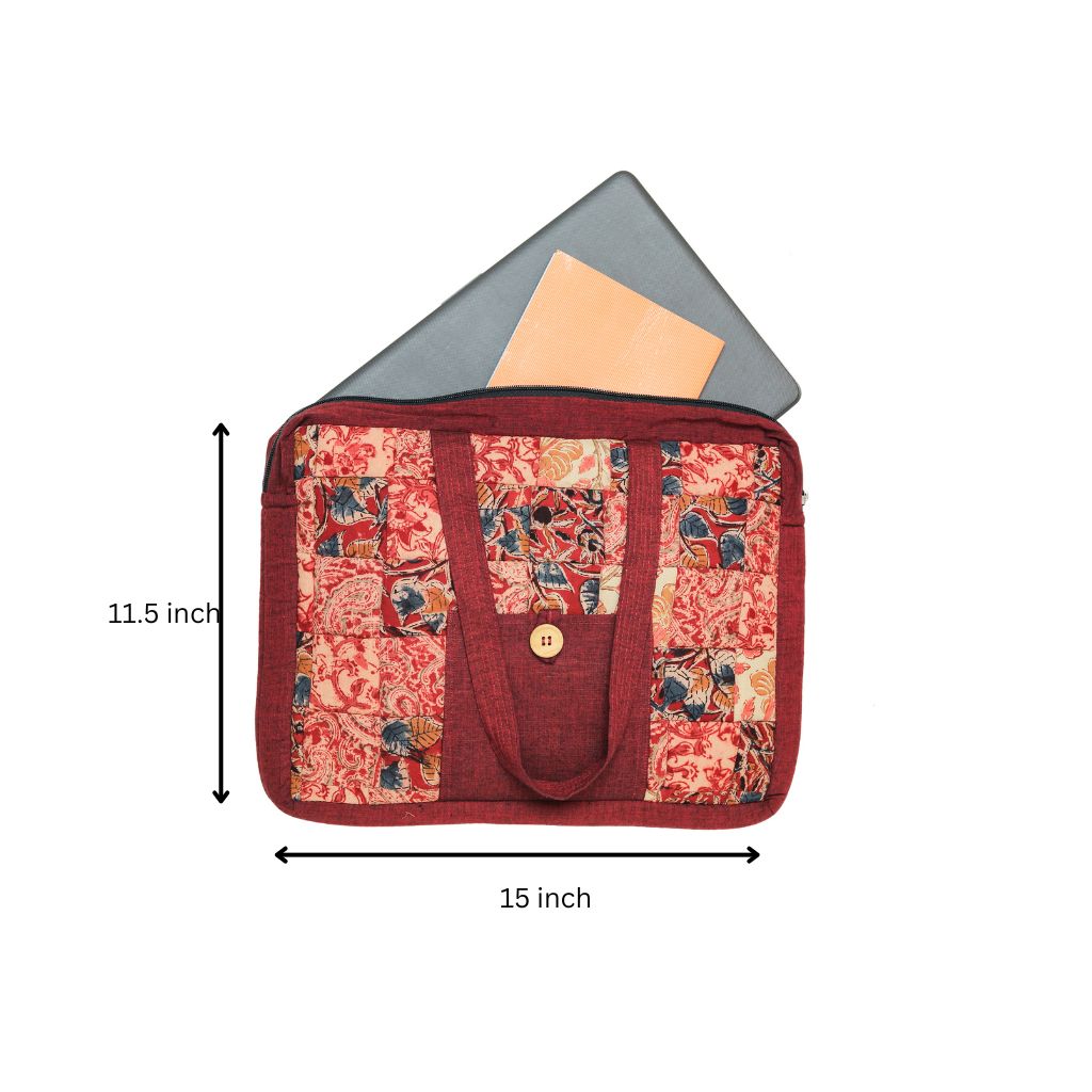 Maroon cotton laptop bag with short handles and quilted design - closure