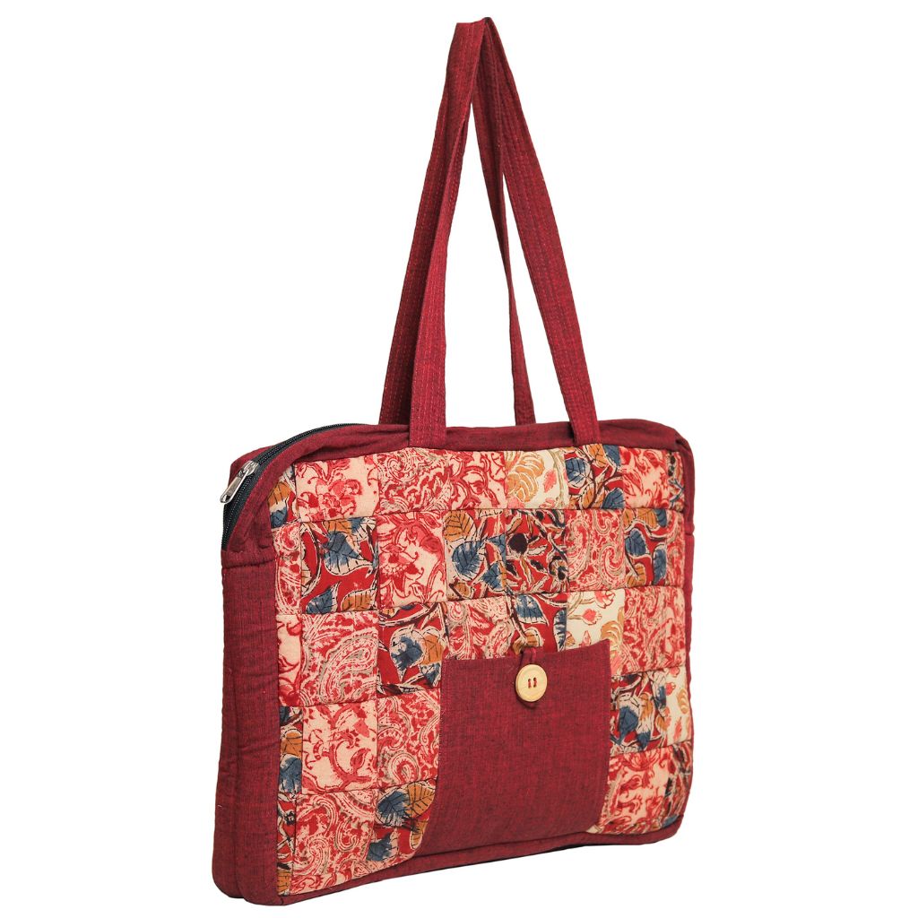 Maroon cotton laptop bag with short handles and quilted design - side
