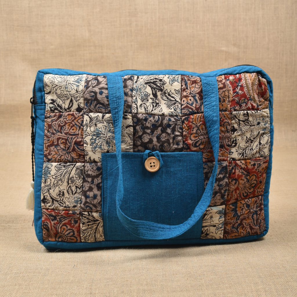 Blue cotton handbag with laptop compartment - tassels