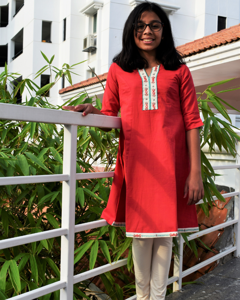 Embroidery Peach A Line Kurta For Girls