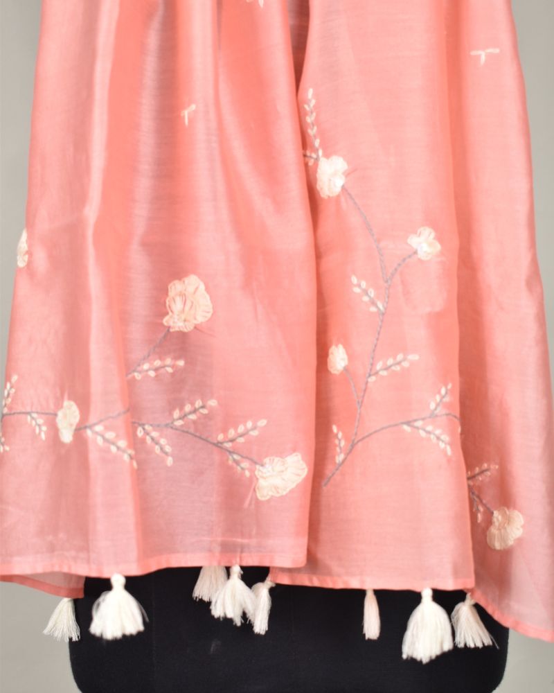 Peach chanderi silk stole with hand embroidery