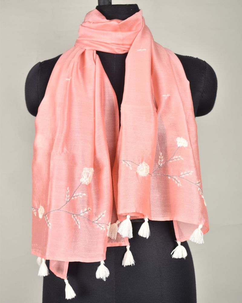 Peach chanderi silk stole with hand embroidery