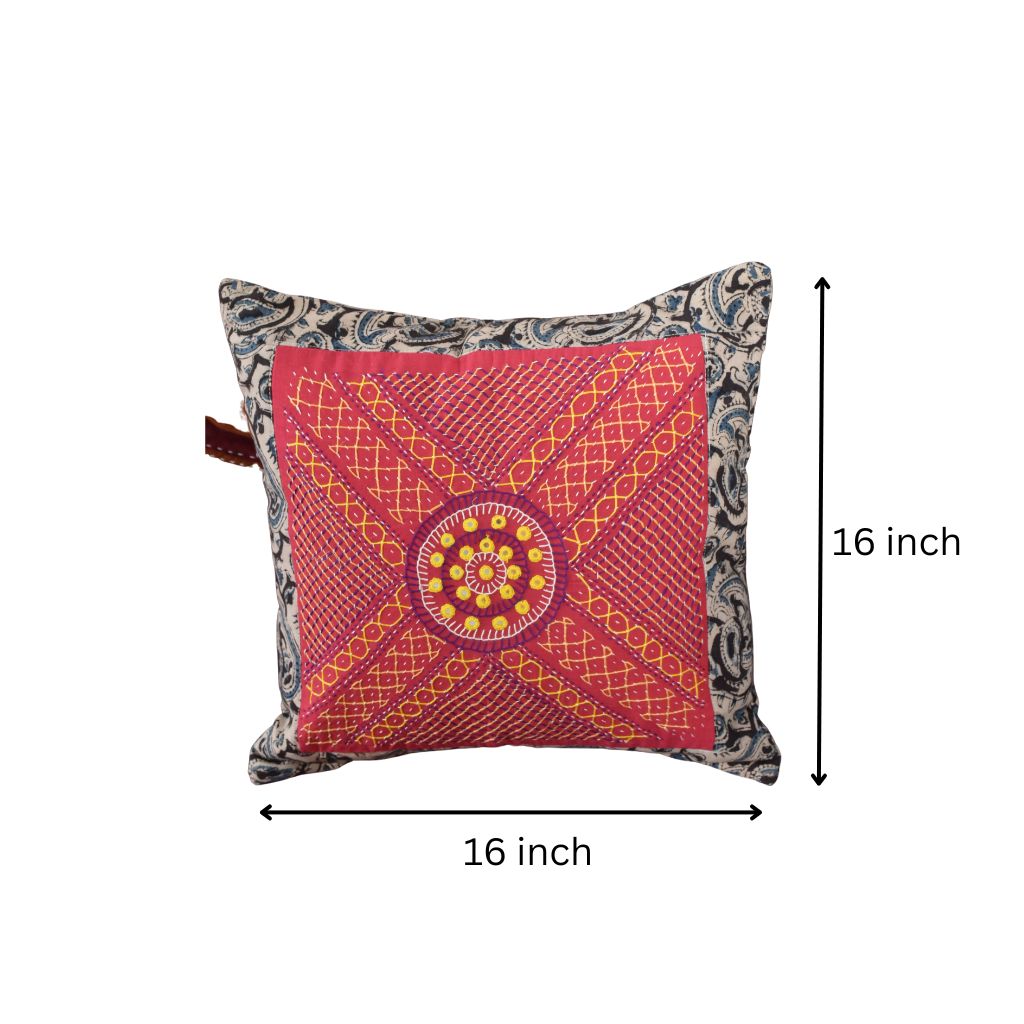 Pink Kalamkari Embroidered Cushion Cover With Mirror work