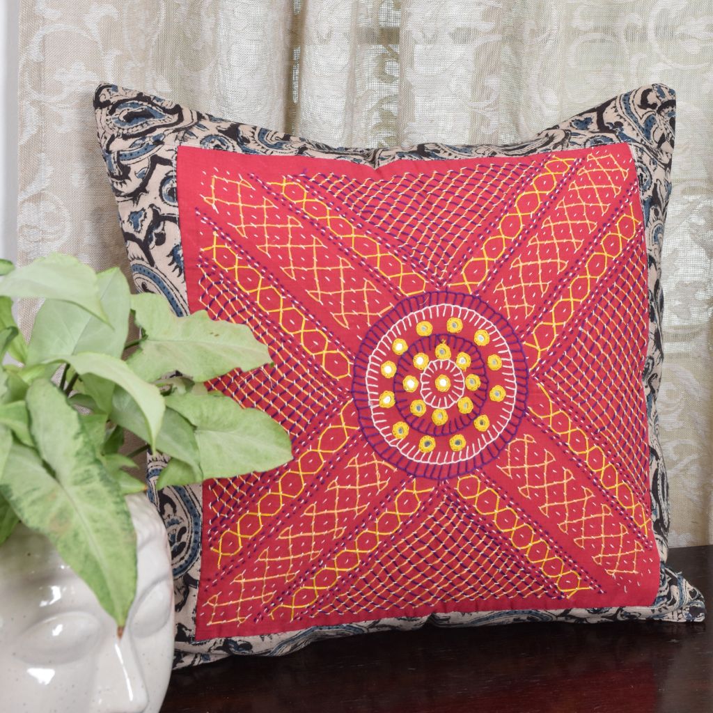 Pink Kalamkari Embroidered Cushion Cover With Mirror work