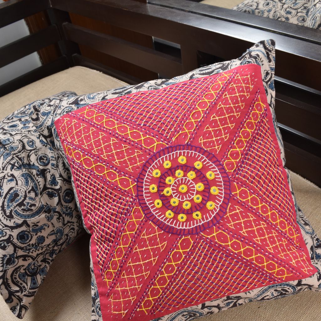 Pink Kalamkari Embroidered Cushion Cover With Mirror work