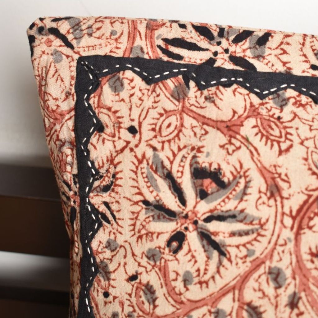 Pink Kalamkari cushion cover with applique