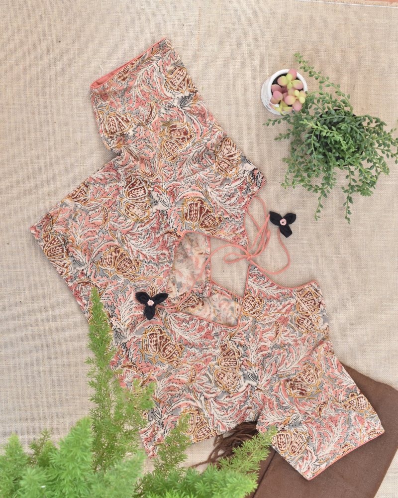 Pink kalamkari blouse with flower tassels