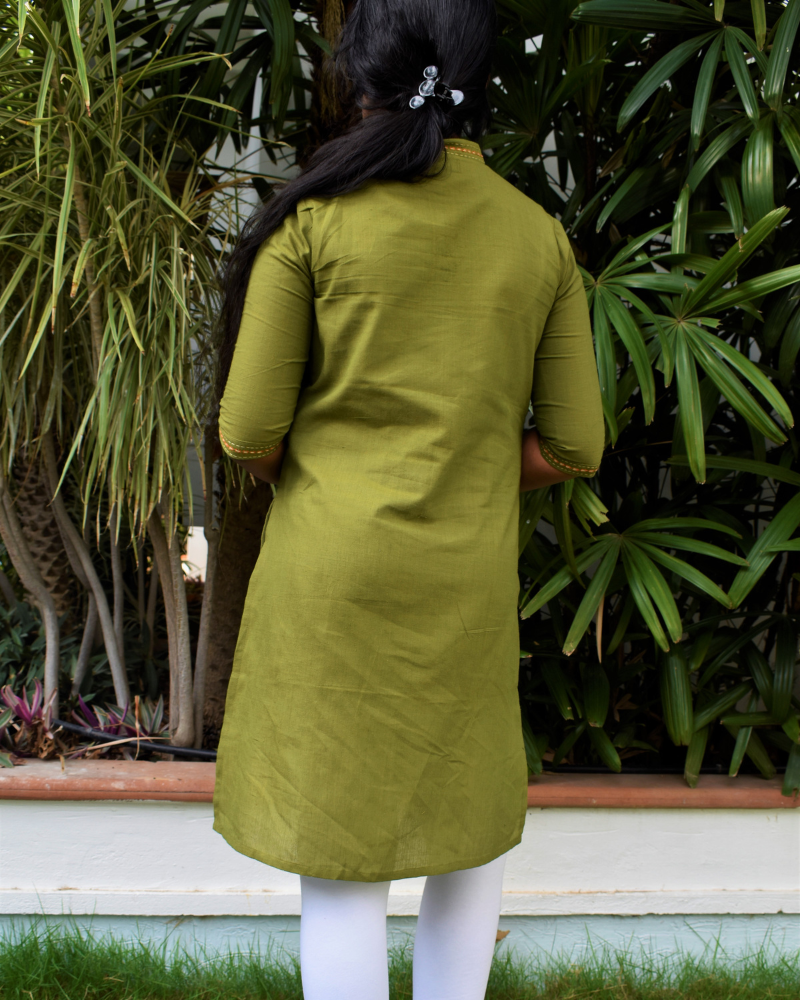 Pista Green Overlapped V Collar Kurta For Girls