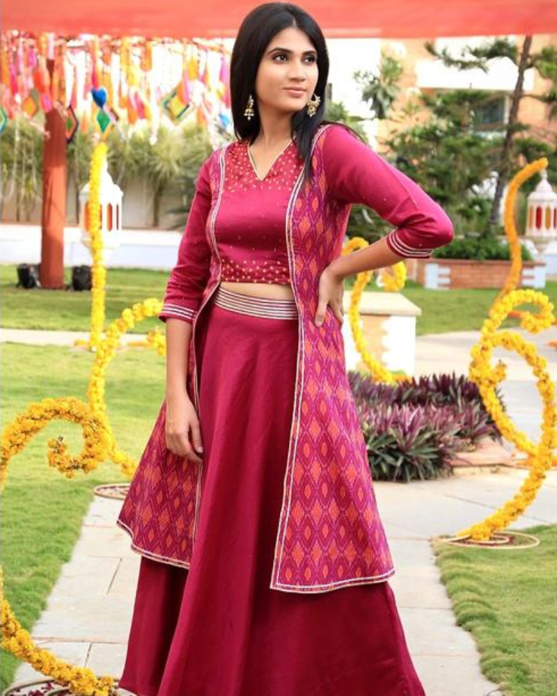 Purple hand embroidered chanderi and silk ikat lehenga set