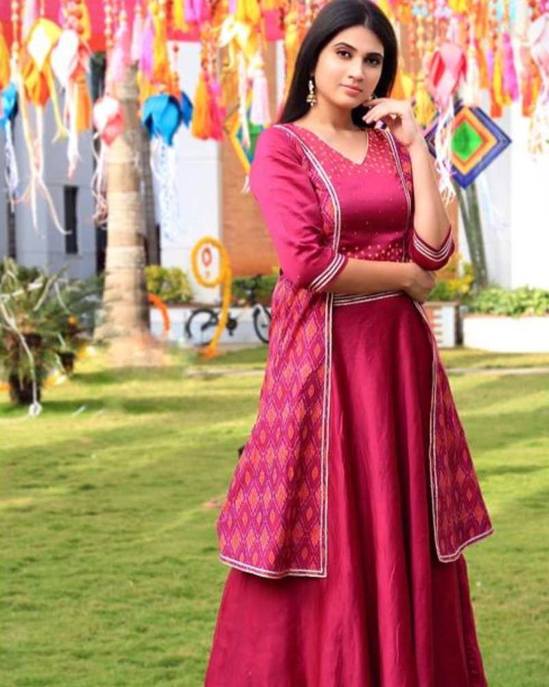 Purple hand embroidered chanderi and silk ikat lehenga set