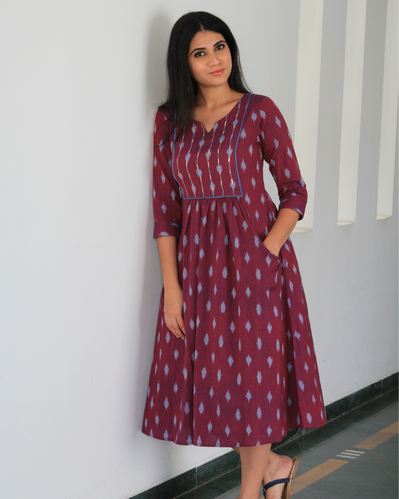 Purple silk ikat embroidery dress front view