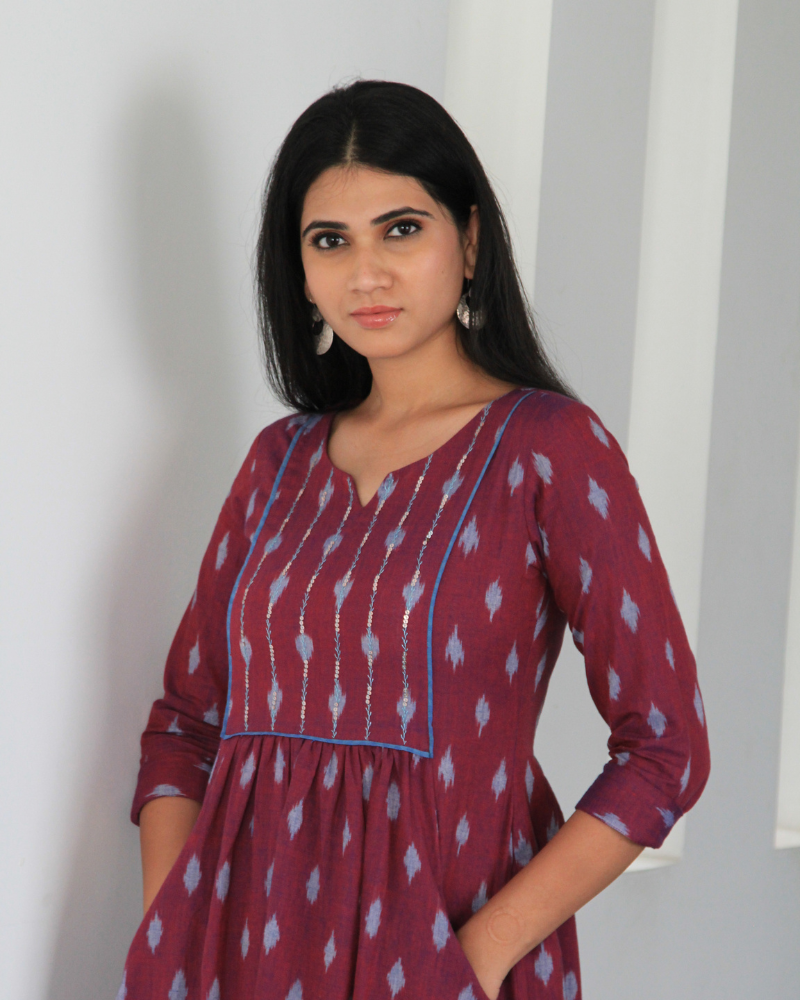 Purple silk ikat embroidery dress side view