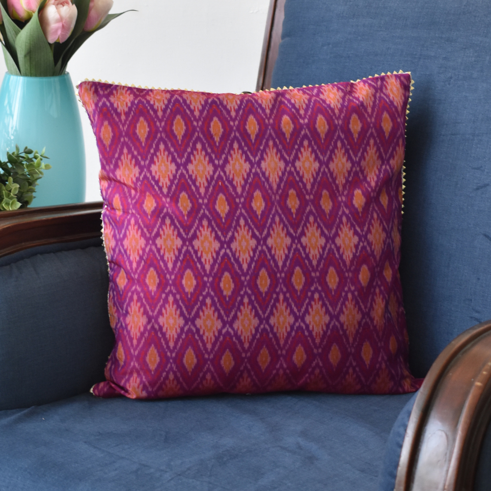 Purple silk ikat cushion cover